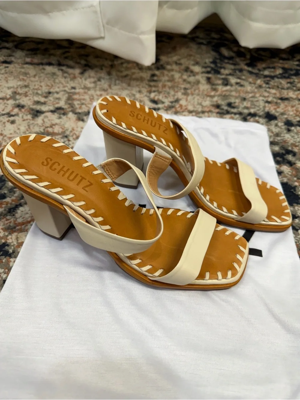 SCHUTZ Cream Leather Whipstitch Square Toe Block Heel Sandals Size 6